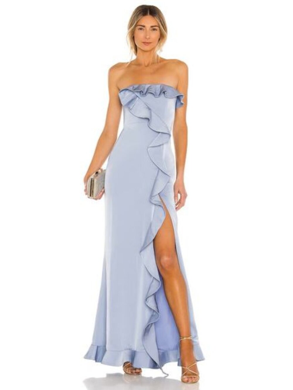 NBD Strapless Ruffle Maxi Dress in Light Blue